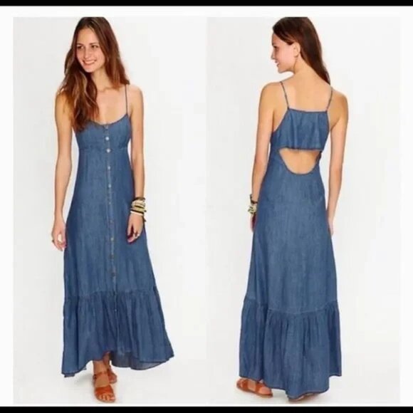 NWT FREE PEOPLE RED PINK BUTTON DOWN OPEN BACK CHAMBRAY MAXI DRESS SMALL - Picture 3 of 13